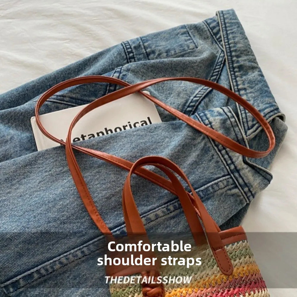 Straw Woven Mini Crossbody Bag Colrorful Striped Boho Casual Beach Zip Purse