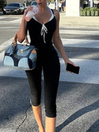 Damen Träger Capri Jumpsuits Mode Streetwear Sexy Elegant Schwarze Spitze Krawatte