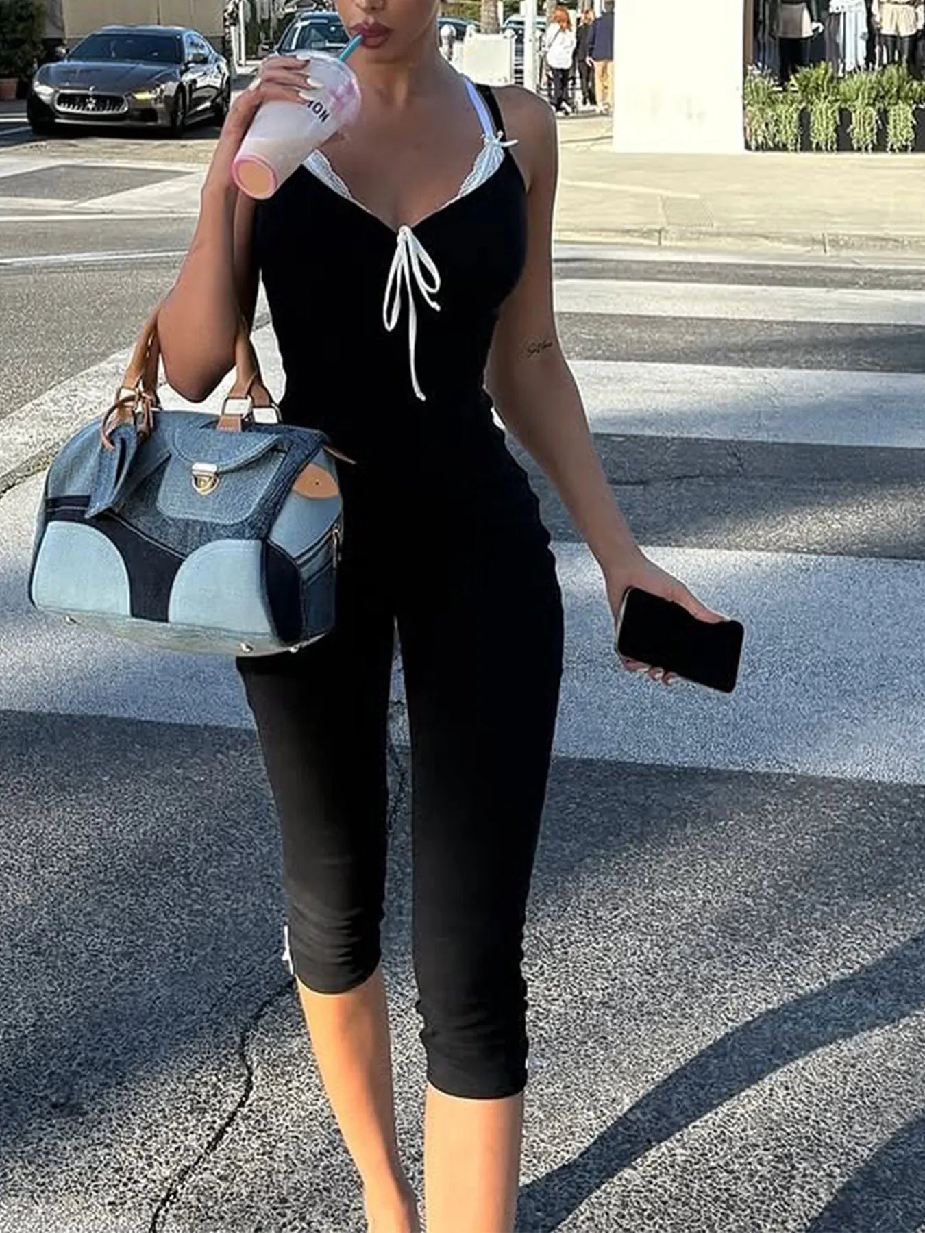 Women Sling Capri Jumpsuits Fashion Streetwear Sexy Elegant Black Lace Trim Tie