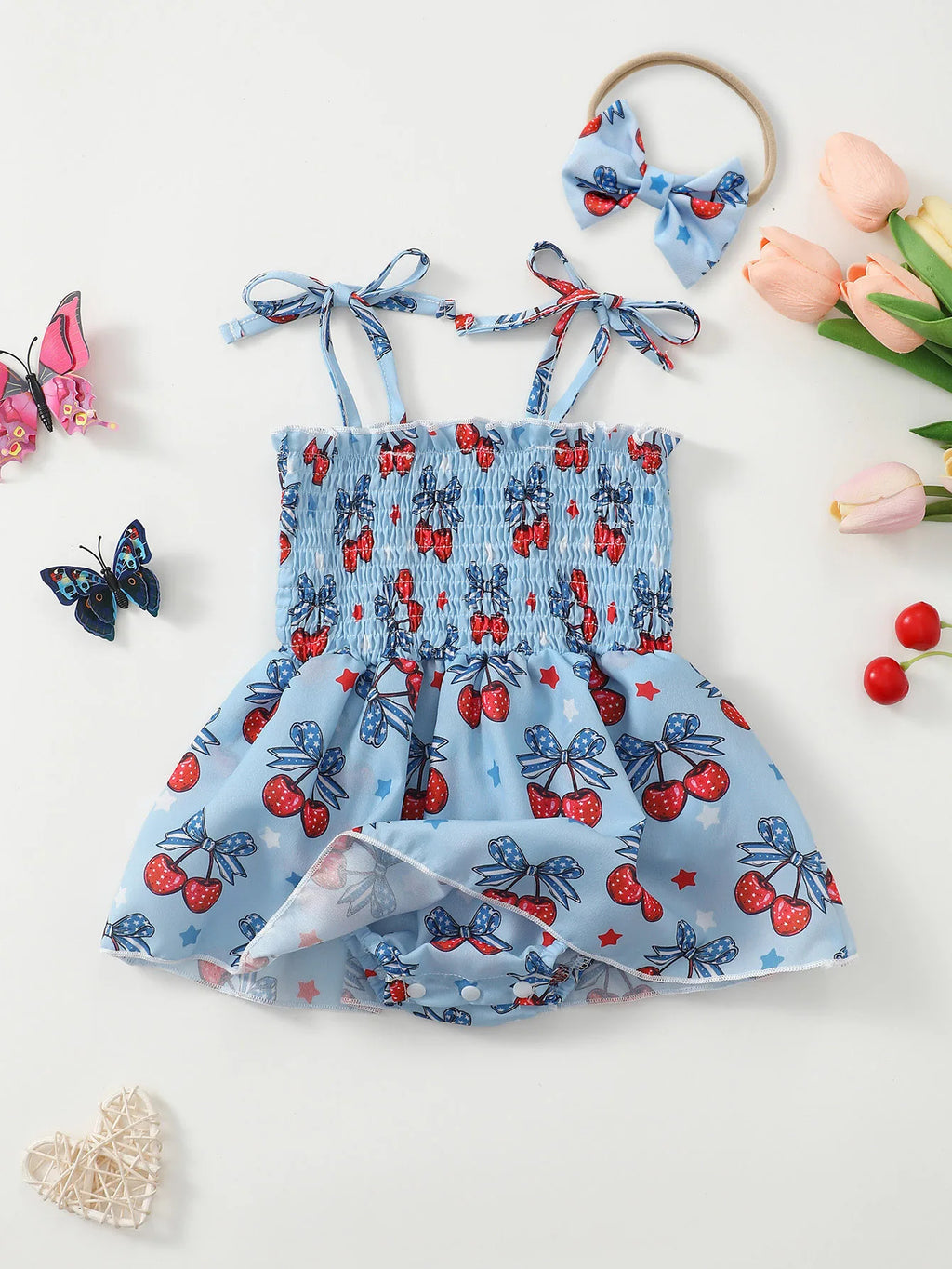 Children's Cherry Print Bodysuit Dress & Headband Set Blue Baby Toddler Cute Outfit