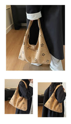 Women's Suede Shoulder Bag Floral Cutout Large Casual Handbags 2 in 1 Purses