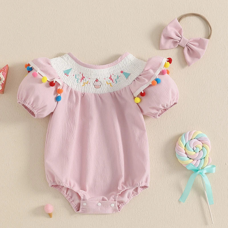Baby Girl Birthday Romper Cupcake Embroidery Plush Ball Ruffle Short Sleeve Bodysuit