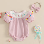 Baby Girl Birthday Romper Cupcake Embroidery Plush Ball Ruffle Short Sleeve Bodysuit