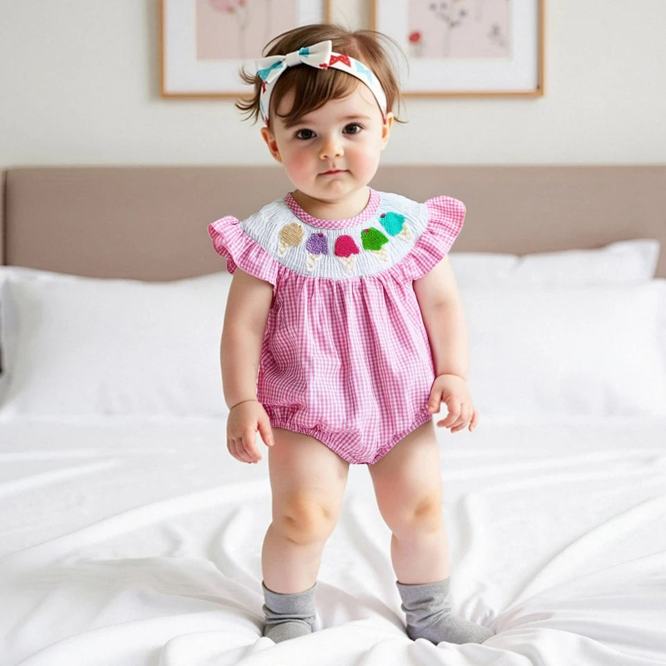 Baby Girls Rompers Ice Cream Embroidery Plaid Stripe Round Neck Fly Sleeve 0-18M