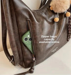 Women's Large Shoulder Bags Pu Leather Black Outer Zip Pocket Casual Handbag