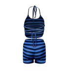Sporty Women's Set Blue Striped Halter Neck Two-Piece Set with Top and Shorts