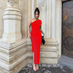 Bodycon Midi Dress One-Shoulder Ruched Side Slit Slimming Party Dresses