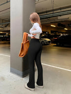 Women's High Waist Flared Pants Elastic Waist Slim Long Leggings Stretch S-2XL