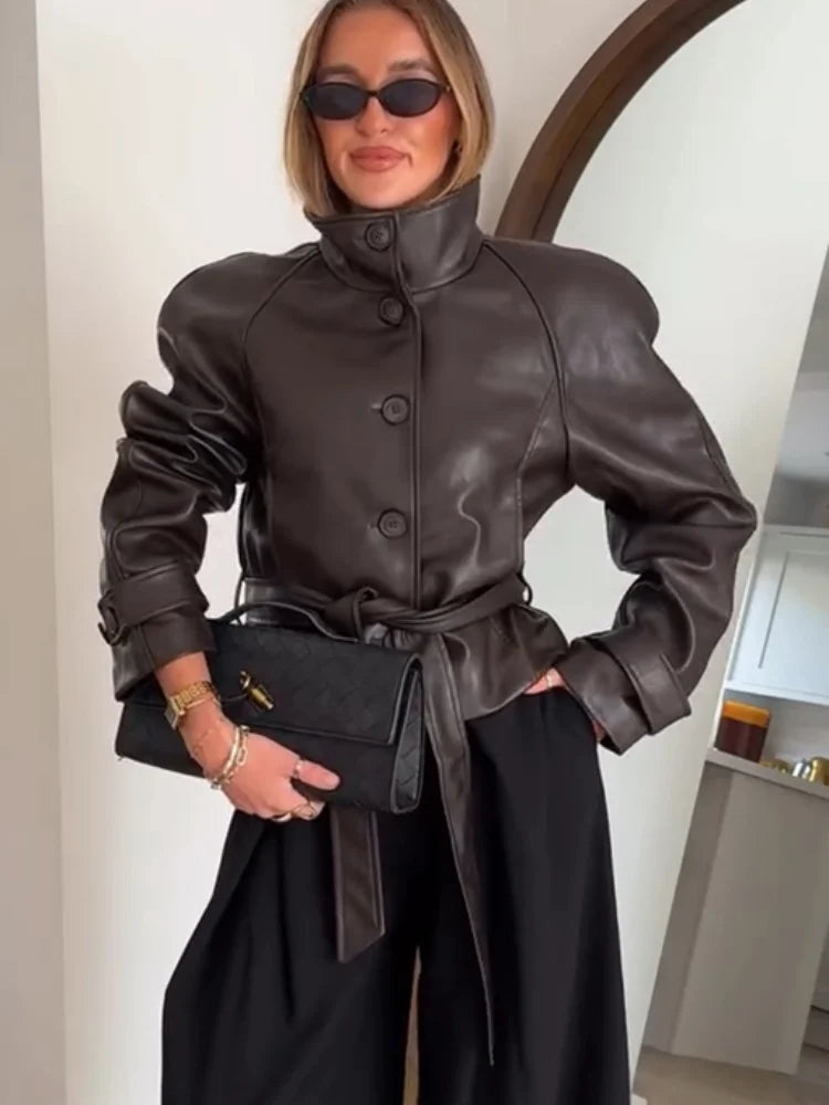 Women's Faux Leather Casual Fashion Jacket Belted Stand-Collar Button-Front Coat