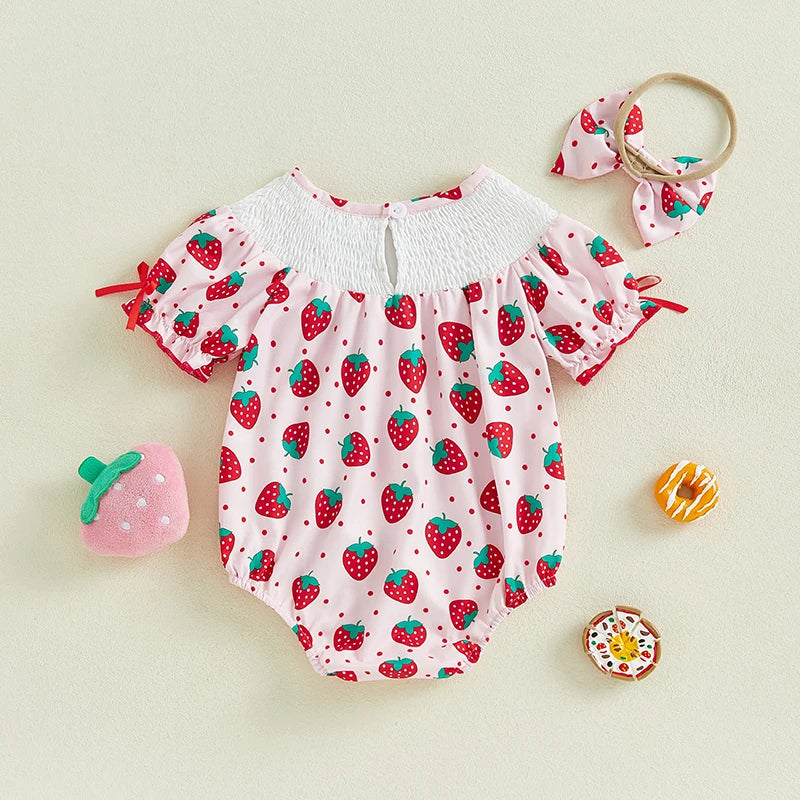 0-18M Newborn Baby Girl Summer Romper Strawberry/Donut Print Short Sleeve Jumpsuit