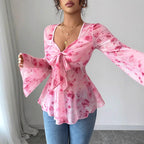 Mesh Red Rose Floral Print Chiffon Blouse V-Neck Bow Ruffle Trumpet Sleeves Top