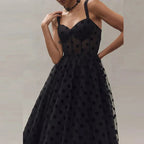 Black Midi Party Dress Polka Dot Tulle Mesh Sheer Sleeveless Ruffle High Waisted
