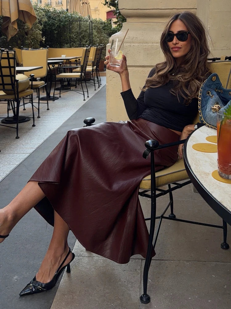 Women's Faux Leather Midi Skirt High-Waisted Pleated Casual Fashion
