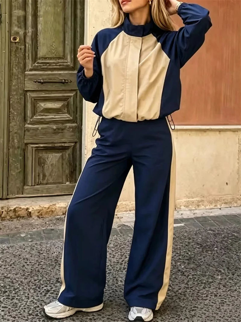 Women's Patchwork Zipper Jacket & High-Waisted Pants Set