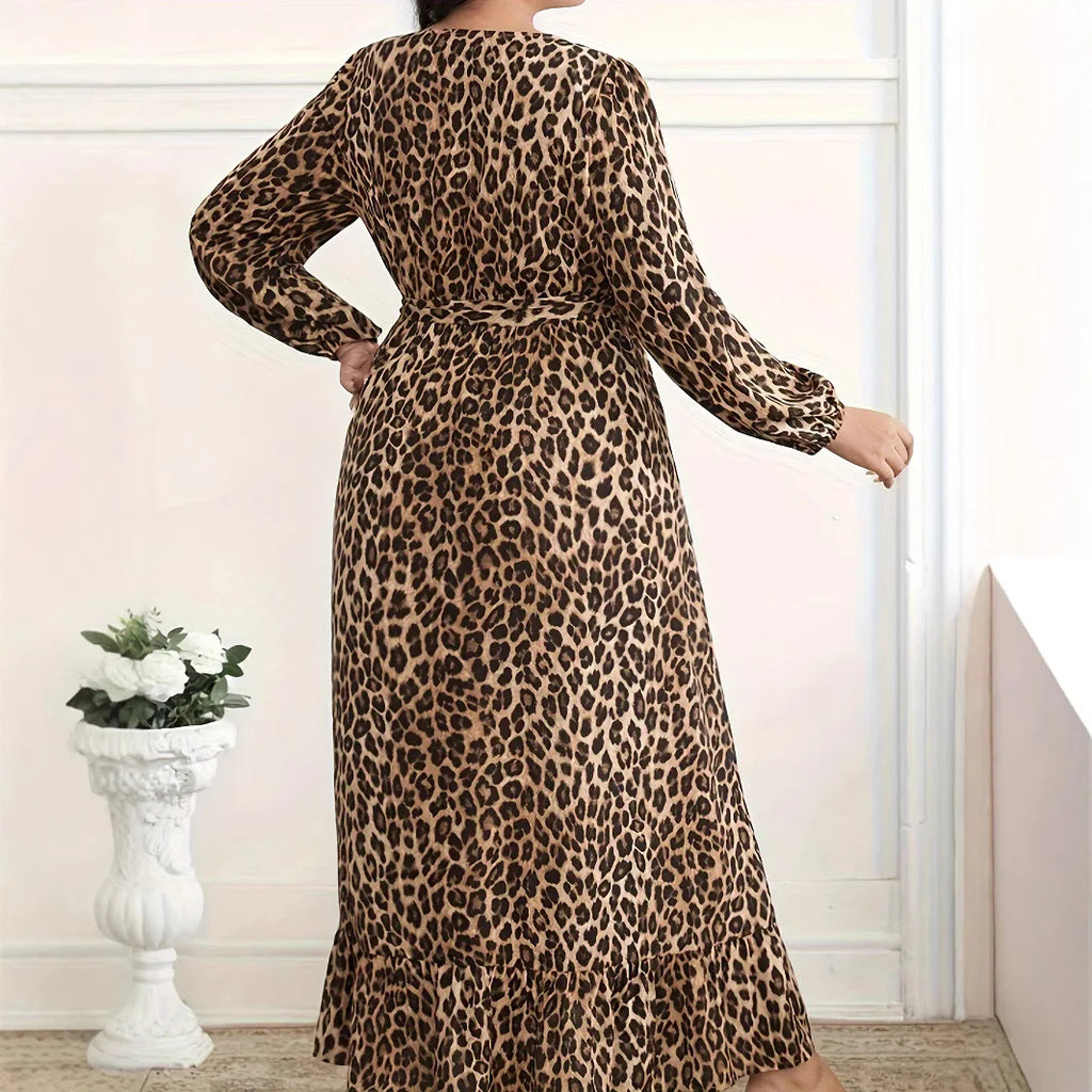 Plus Size Leopard Print Long Sleeve Split Dress Women's Fashion Surplice Maxi Dress