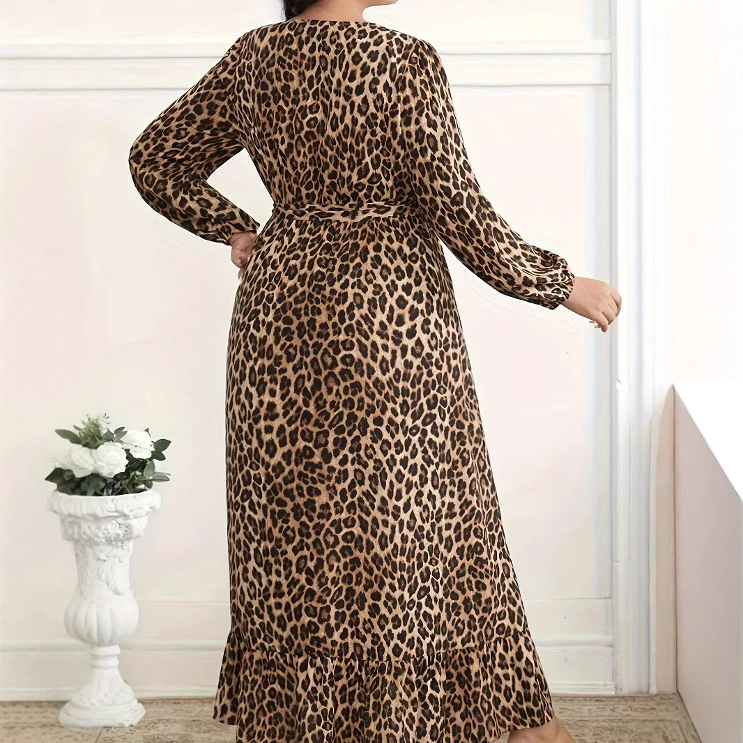 Plus Size Leopard Print Long Sleeve Split Dress Women's Fashion Surplice Maxi Dress