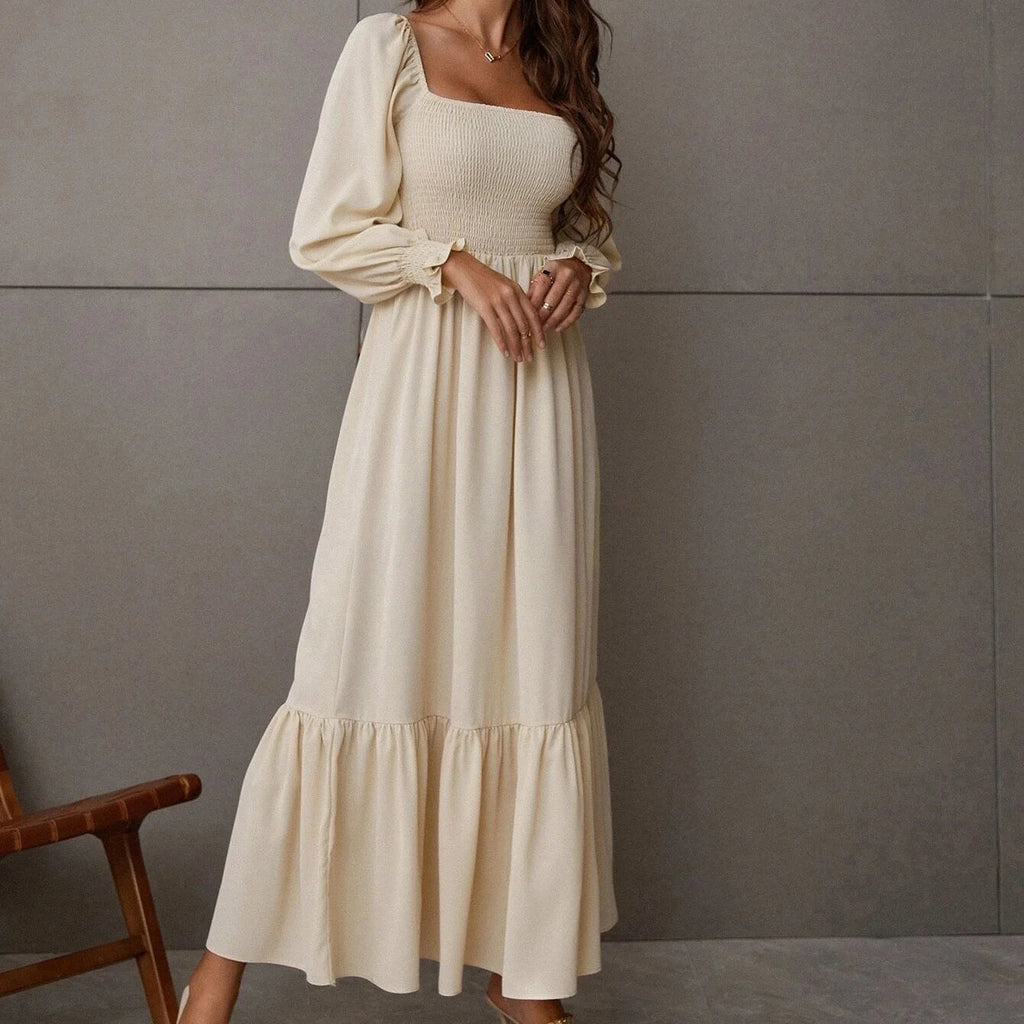 Midi Dresses Women's Square Neck Smocked Tiered Long Sleeve Ruffle High Waist