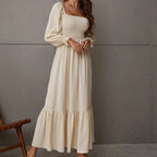 Midi Dresses Women's Square Neck Smocked Tiered Long Sleeve Ruffle High Waist