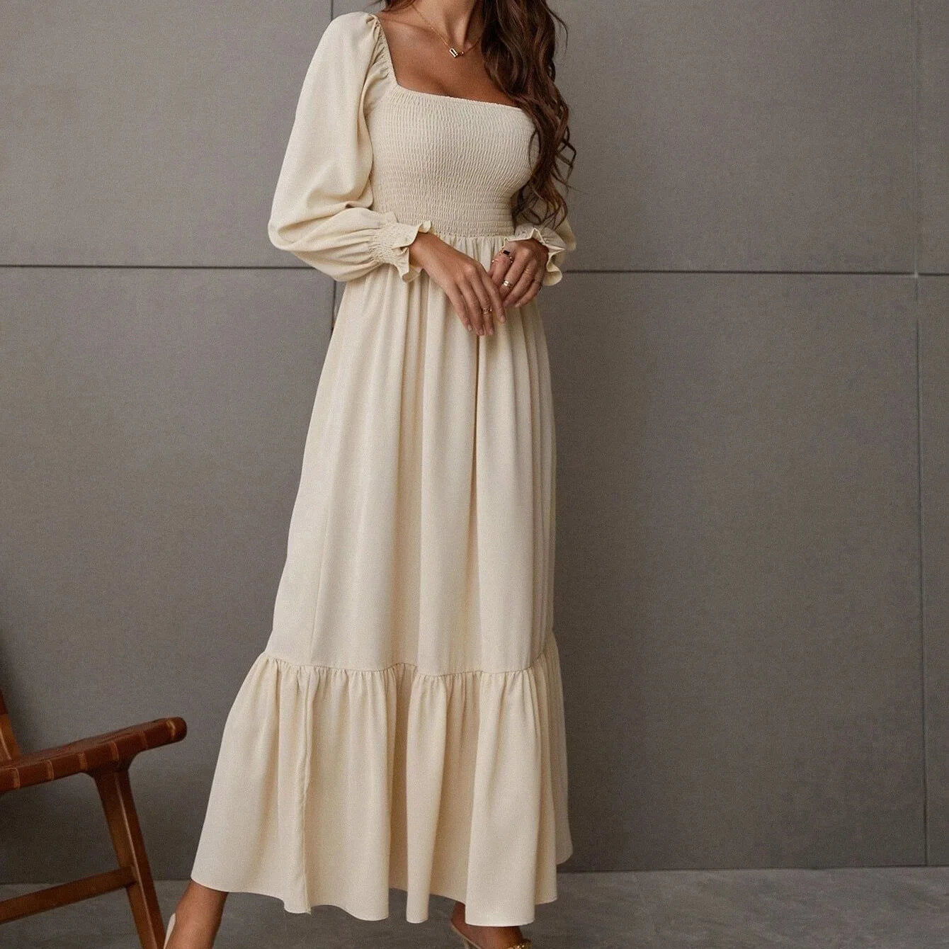 Midi Dresses Women's Square Neck Smocked Tiered Long Sleeve Ruffle High Waist