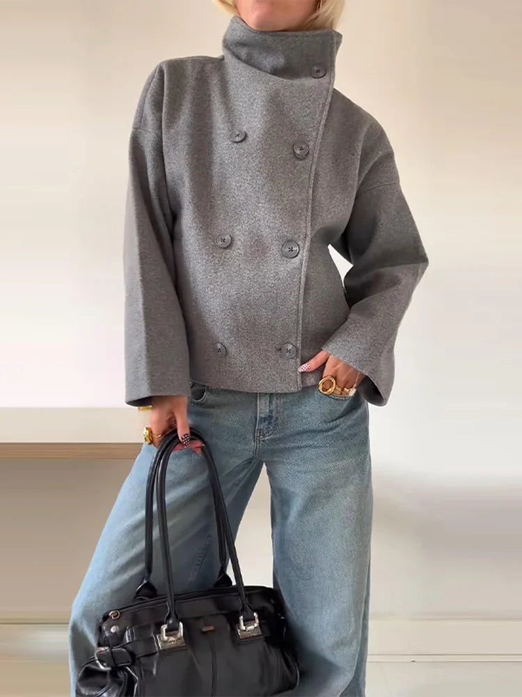 Women's High-Neck Double-Breasted Jacket with Pockets