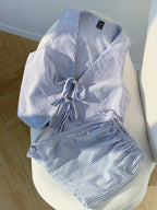 Summer Outfit Set Blue Striped Tie-Front Sleevless Vest and Shorts Casual 2 Pcs