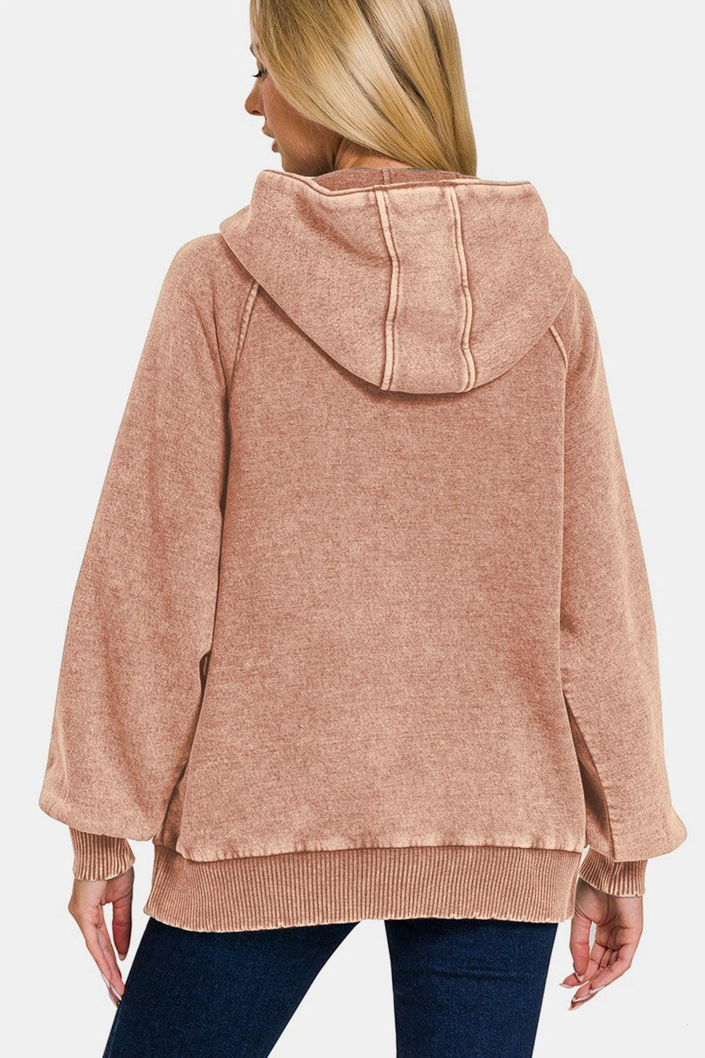 Zenana Hoodie Rusty Pink Acid Wash Fleece Kangaroo Pocket Hooded