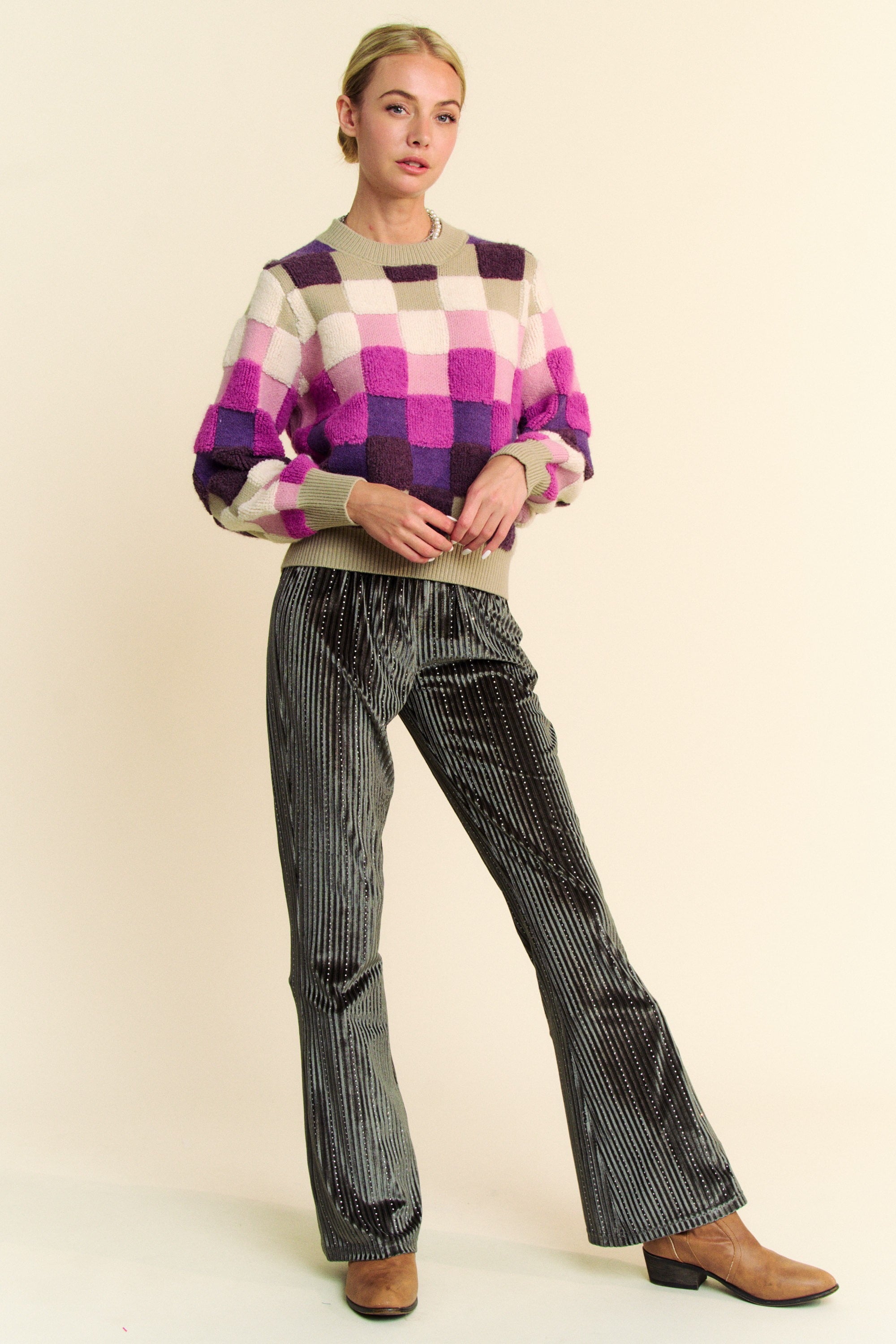 Davi & Dani USA Checkered Knit Sweater Purple Multi Round Neck Long Sleeve 3a0e780b-89b3-46d6-ae02-31c49f8f79df-Max Trendsi