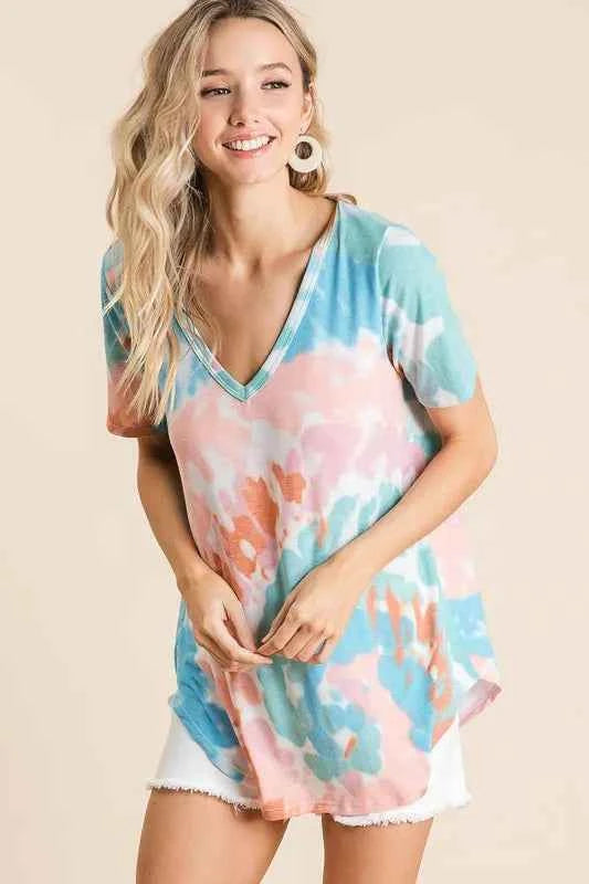 BiBi T-shirt Tie Dye Print Pink Mint Circular V Neck Top Short Sleeve 3a117f07fd854492b4f4c7f3d345261e-Max-Origin Trendsi