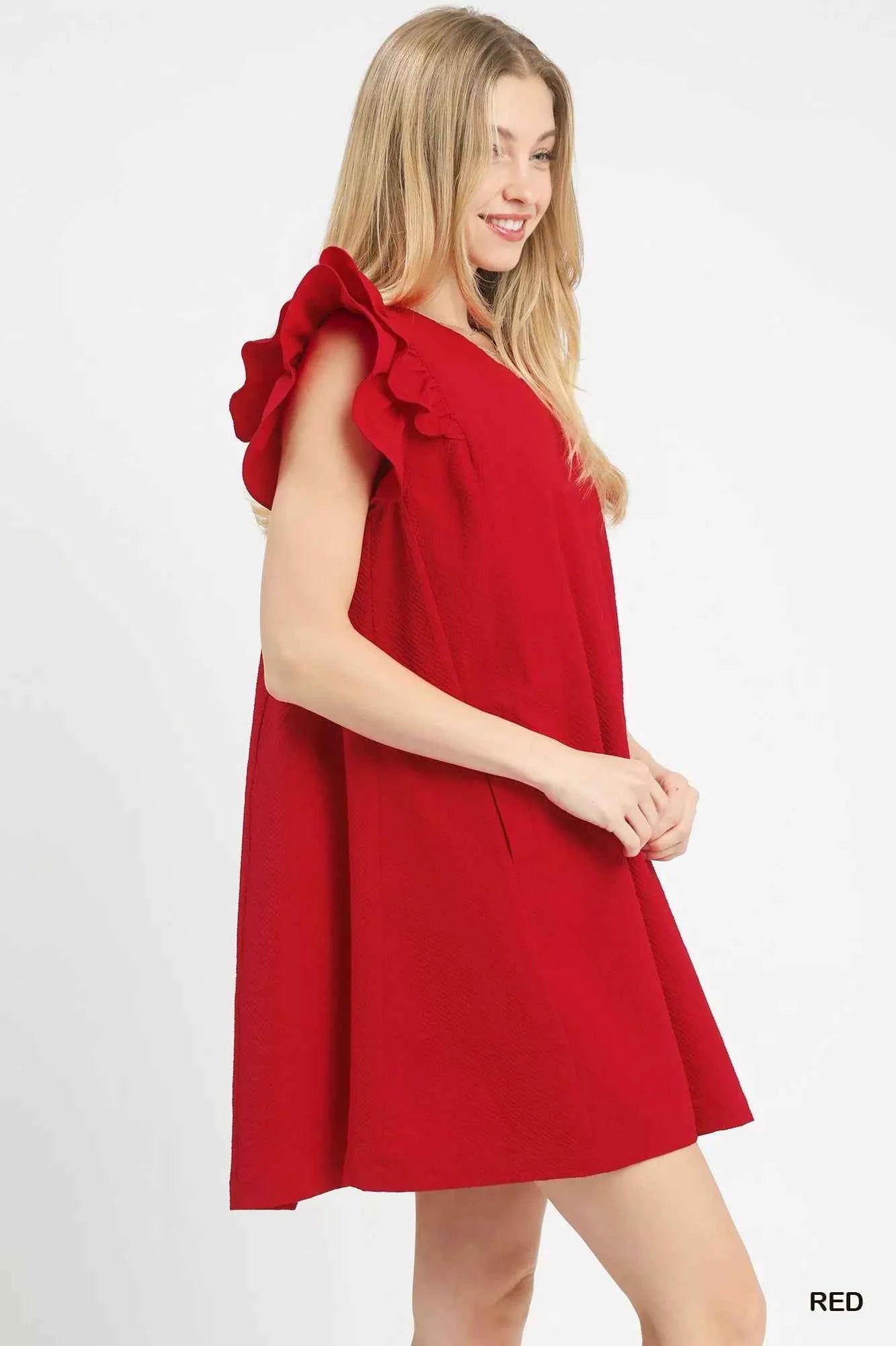 Umgee Shift Dress Red Seersucker Ruffle Short Sleeve 3a2583cd-a8fe-4613-826a-56b854a9668a-Max-Origin Trendsi