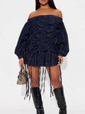 Off-Shoulder Ruched Denim Dress with Drawstring and Ruffled Details