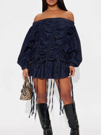 Off-Shoulder Ruched Denim Dress with Drawstring and Ruffled Details
