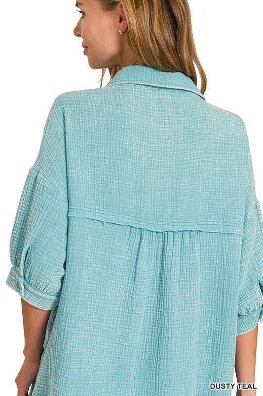 Zenana Shirt Dress Dusty Teal Cotton Washed Double Gauze Oversized Pocketed 3a51c7f4904249db892e226874fd1009-Max-Origin Trendsi