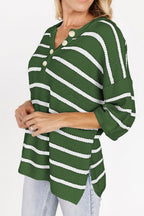 Stripe Knit Top Women's Collared Button Drop Shoulder Side Slit Long Sleeve 3a560c52-f2a0-418e-bbdf-3df489379217-Max Trendsi