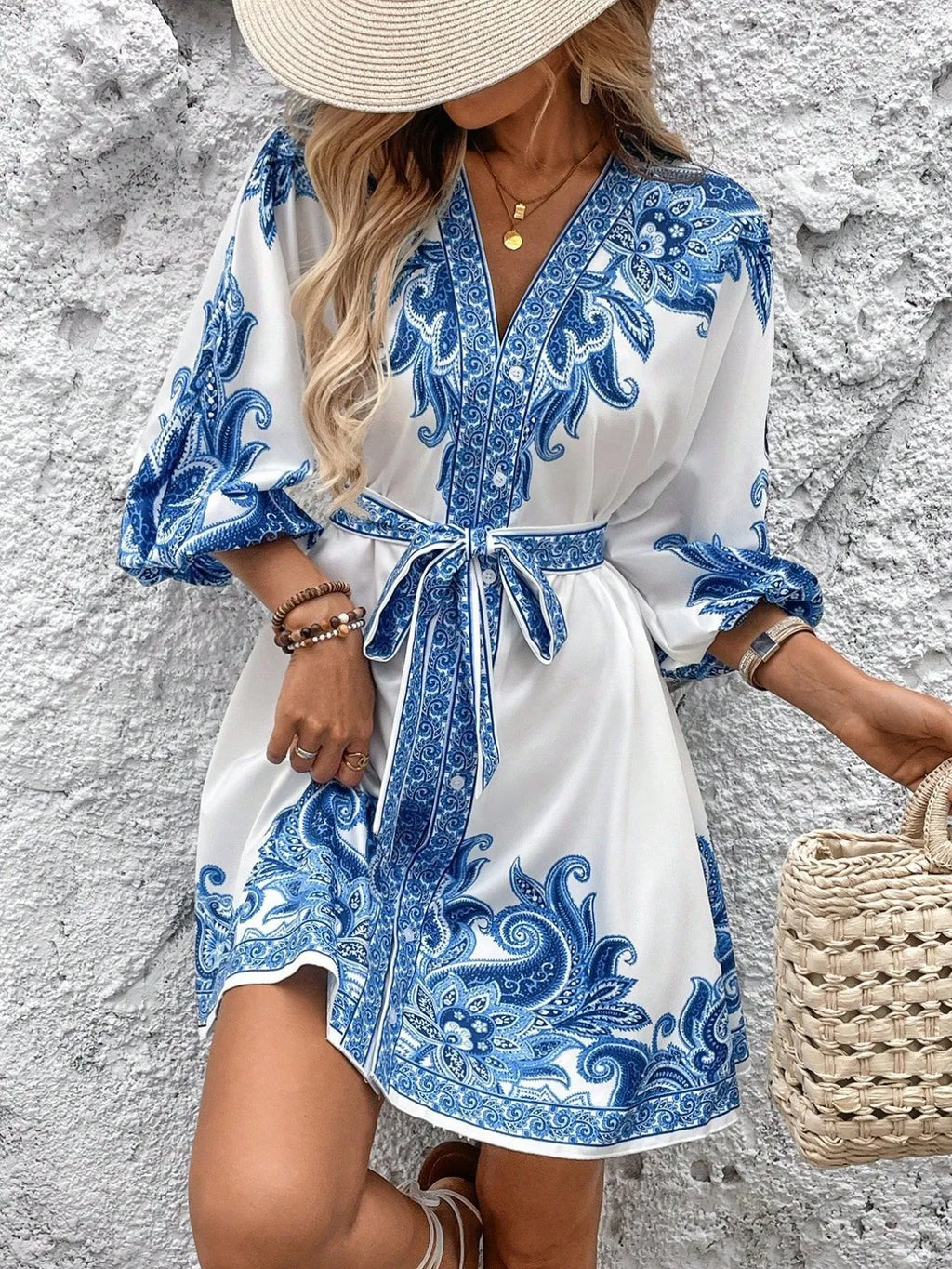 Mini Kimono Dress Paisley Printed V-Neck Balloon 3/4 Sleeve S-2XL White 3a57416d-4232-4071-b280-8000e0244459-Max-Origin Trendsi