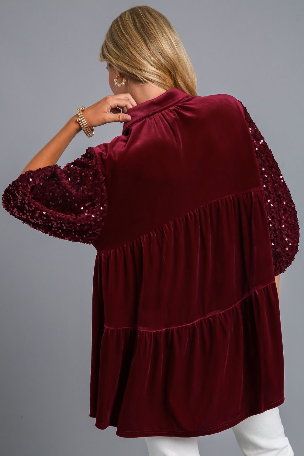 Umgee USA Sequin Shirt Burgundy Tiered Back Half Sleeve Babydoll Ruched