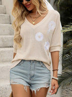 Women's Knit T-shirt Daisy Flower Embroidered V-Neck Half Sleeve Beige 3a58daa3-22fb-4344-bcfa-187243240b01-Max-Origin Trendsi