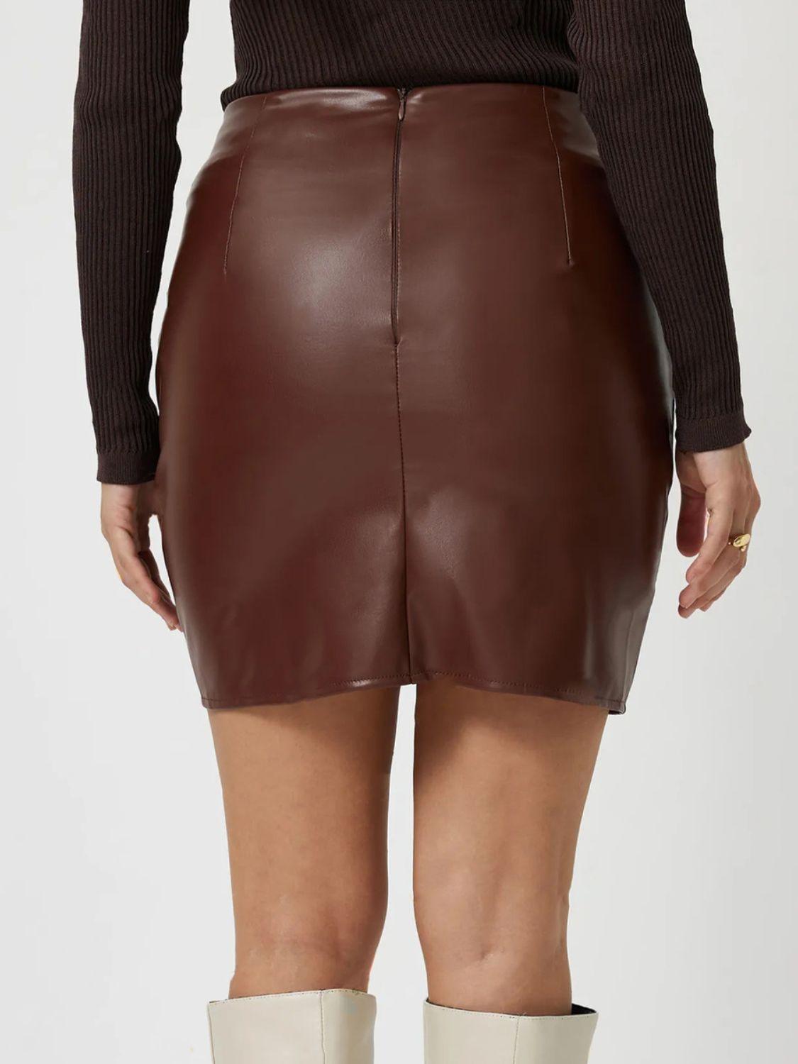 Leather Mini Skirt Ruched Asymmetrical Hem Back Zipper