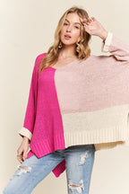 ADORA Women's Sweater Hot Pink Color Block Pattern Long Sleeve Pullover 3a608ee1-fcdd-4151-864a-f7f9e8586c74-Max Trendsi