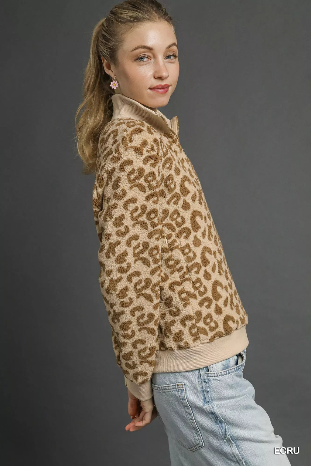 Umgee Sweatshirt Leopard Ecru Print Quarter-Zip Pocketed Top 3a714d6d-9194-473b-bb00-e72e5f238a6f-Max-Origin Trendsi