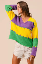 BiBi Womens Sweater Mardi Gras Stripes Stitch Detail Knit Pullover 3a7f274d31424adc90874da4660bd828-Max-Origin Trendsi