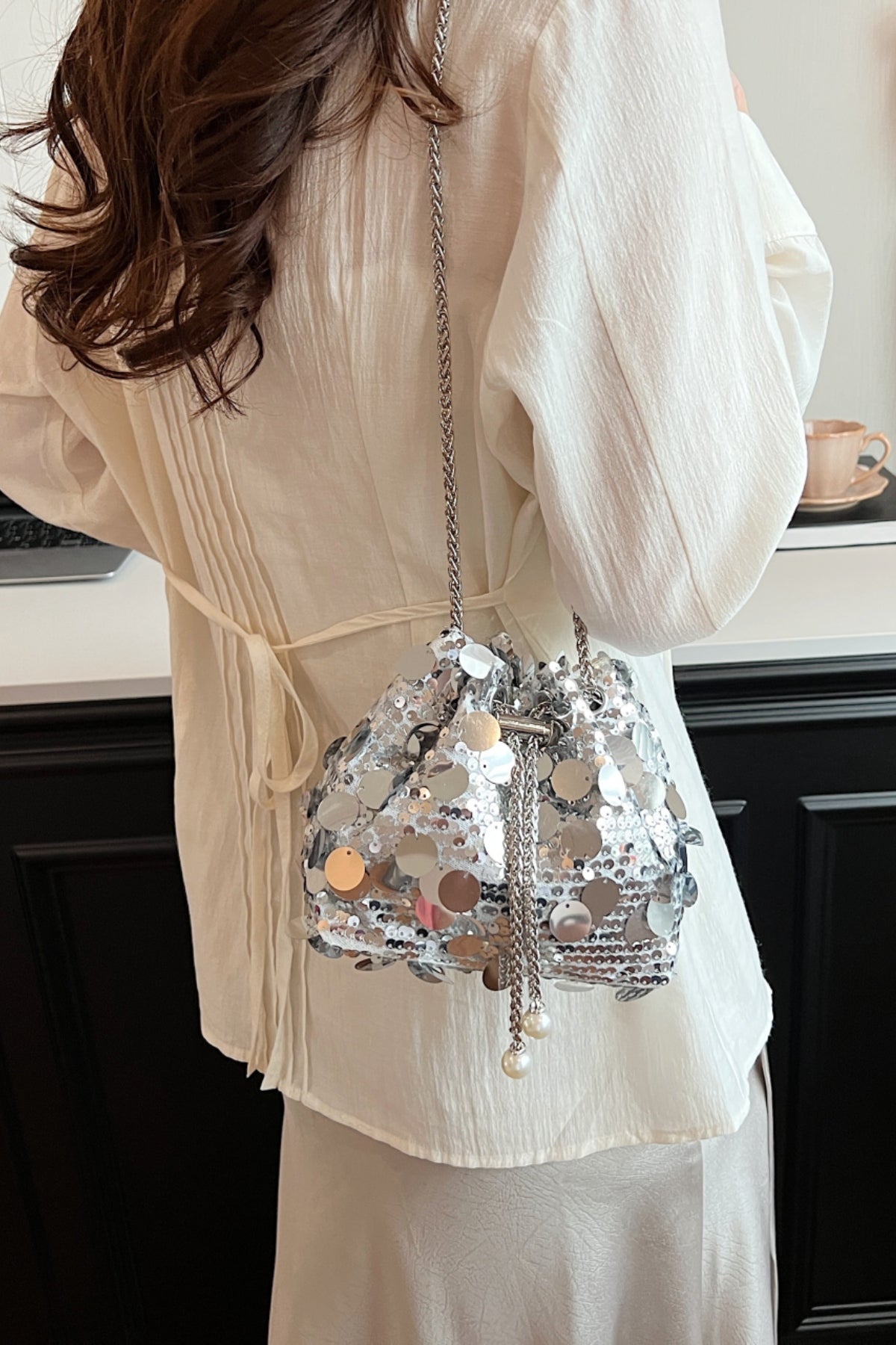 Sequin Silver Bucket Bag Drawstring Small Women Chain Crossbody Strap