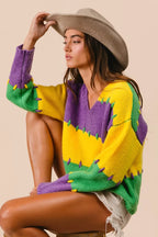 BiBi Womens Sweater Mardi Gras Stripes Stitch Detail Knit Pullover 3a8a570a283647b78e3fa86f3ee1f3f3-Max-Origin Trendsi