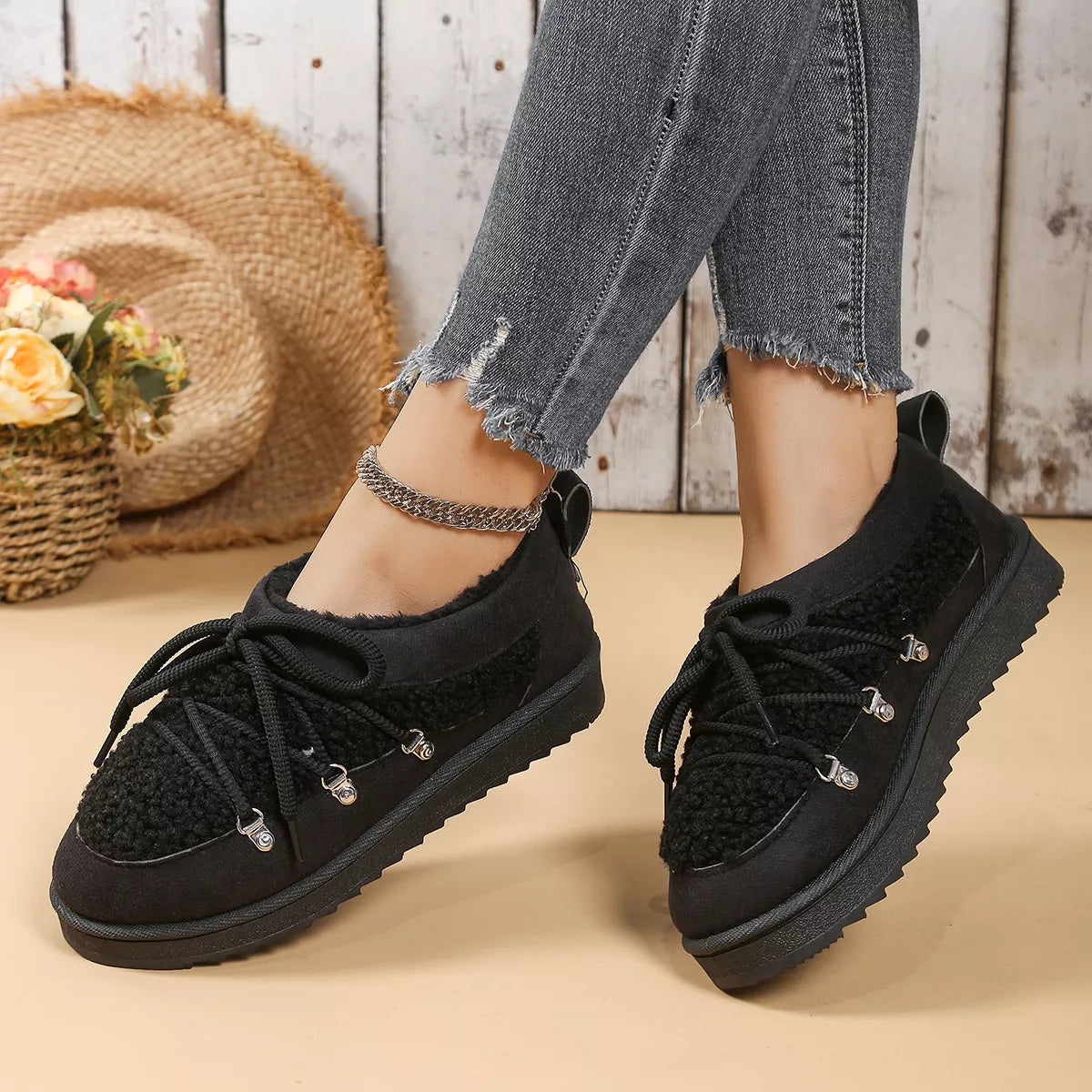 Women's Ankle Boots Lace Up Round Toe Platform Fluff Shoes 3a8fdb85ab7845d6a67cb935f6a2f850-Max-Origin Trendsi