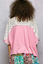 POL Floral Blouse Candy Pink Patchwork Lace Accent Short Sleeve Top 3a983f80-b723-4422-b20b-28c7572b7ce1-Max-Origin Trendsi