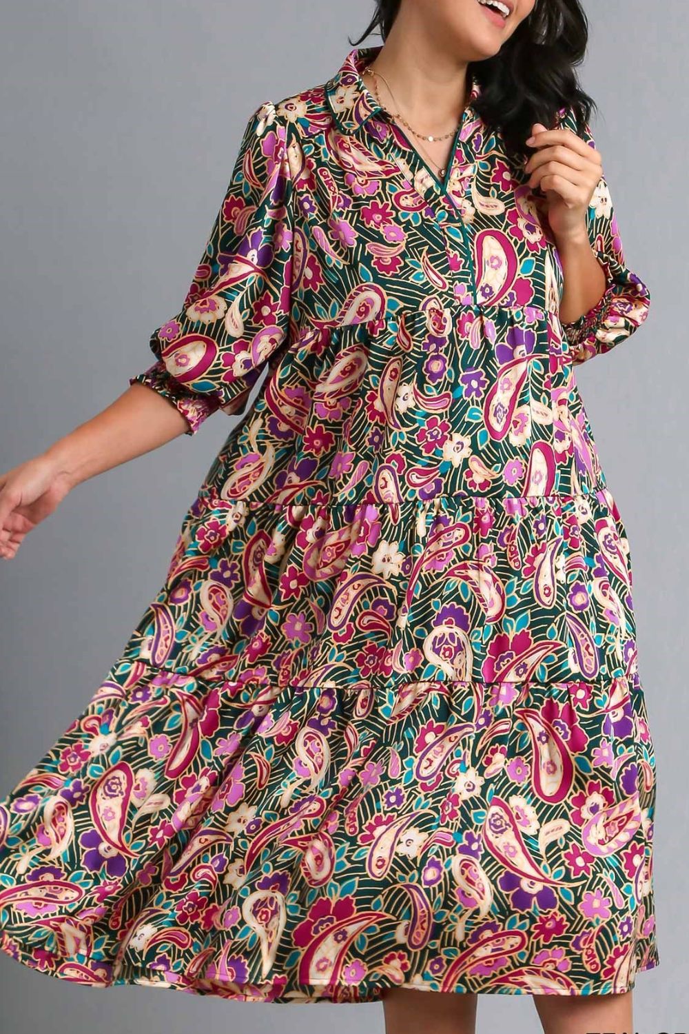Umgee Satin Midi Dress Colorful Paisley Print Tiered Short Sleeve 3a9a09b7-a2cc-4843-904b-f897449186e4-Max Trendsi