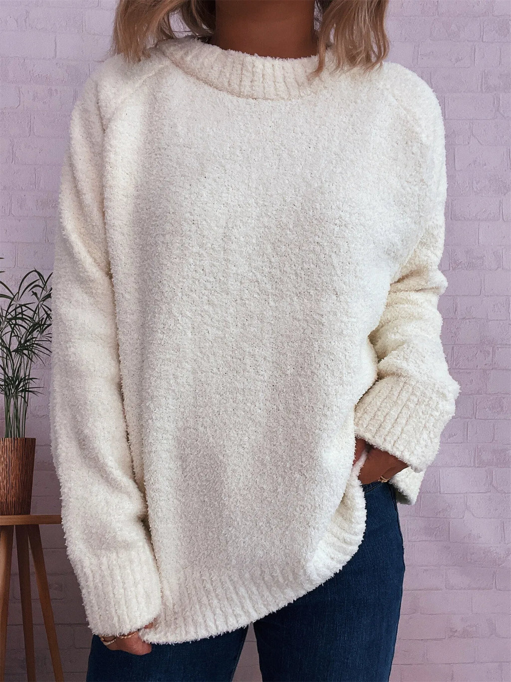 Women's Sweater Round Neck Raglan Sleeve Knit Pullover White One Size 3a9b029bb83244989e10b49b524a5557-Max-Origin Trendsi