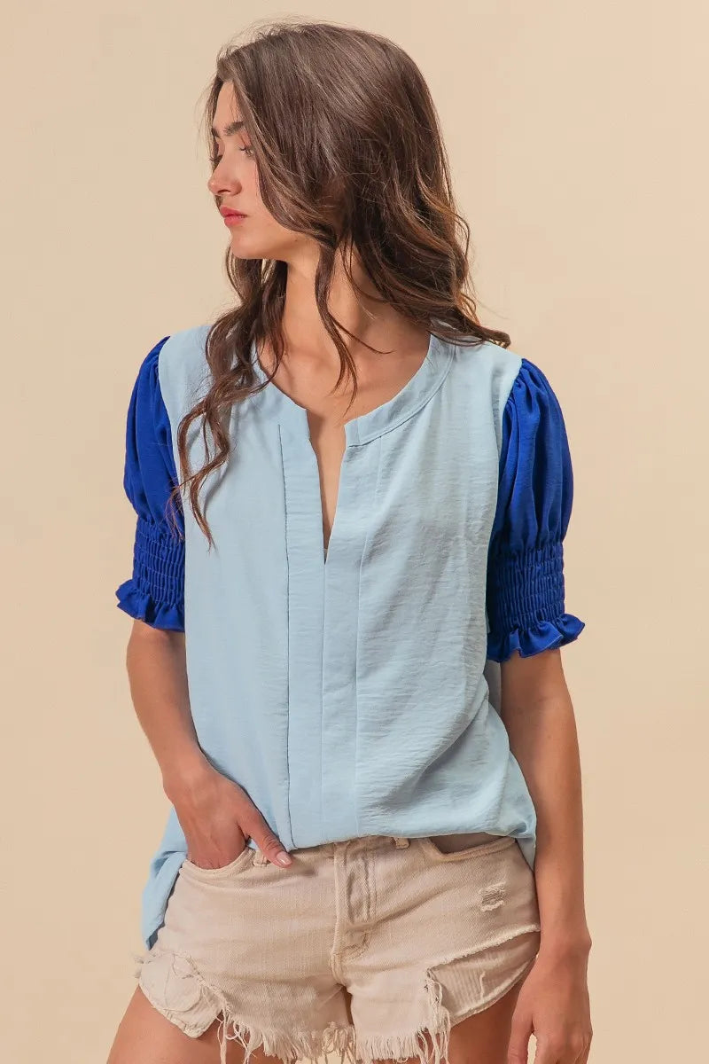 BiBi V Neck Top Air Flow Ruffled Blue Color Block Puff Short Sleeves 3aa082f2cfbd47208cfd5407c842d535-Max-Origin Trendsi