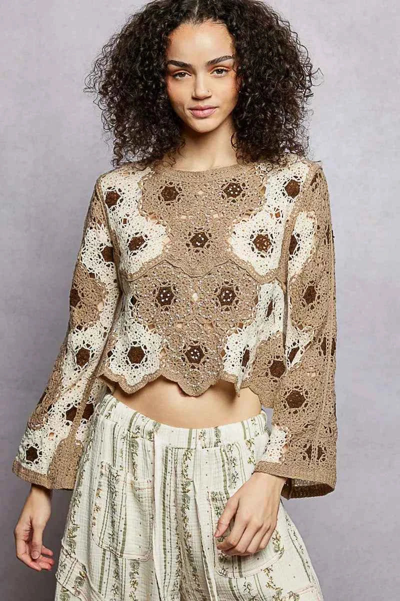 POL Crochet Cropped Top Floral Mocha Weave Pattern with Beads Detail 3aa35aa1-eb61-4916-9092-b366e3dec2da-Max-Origin Trendsi