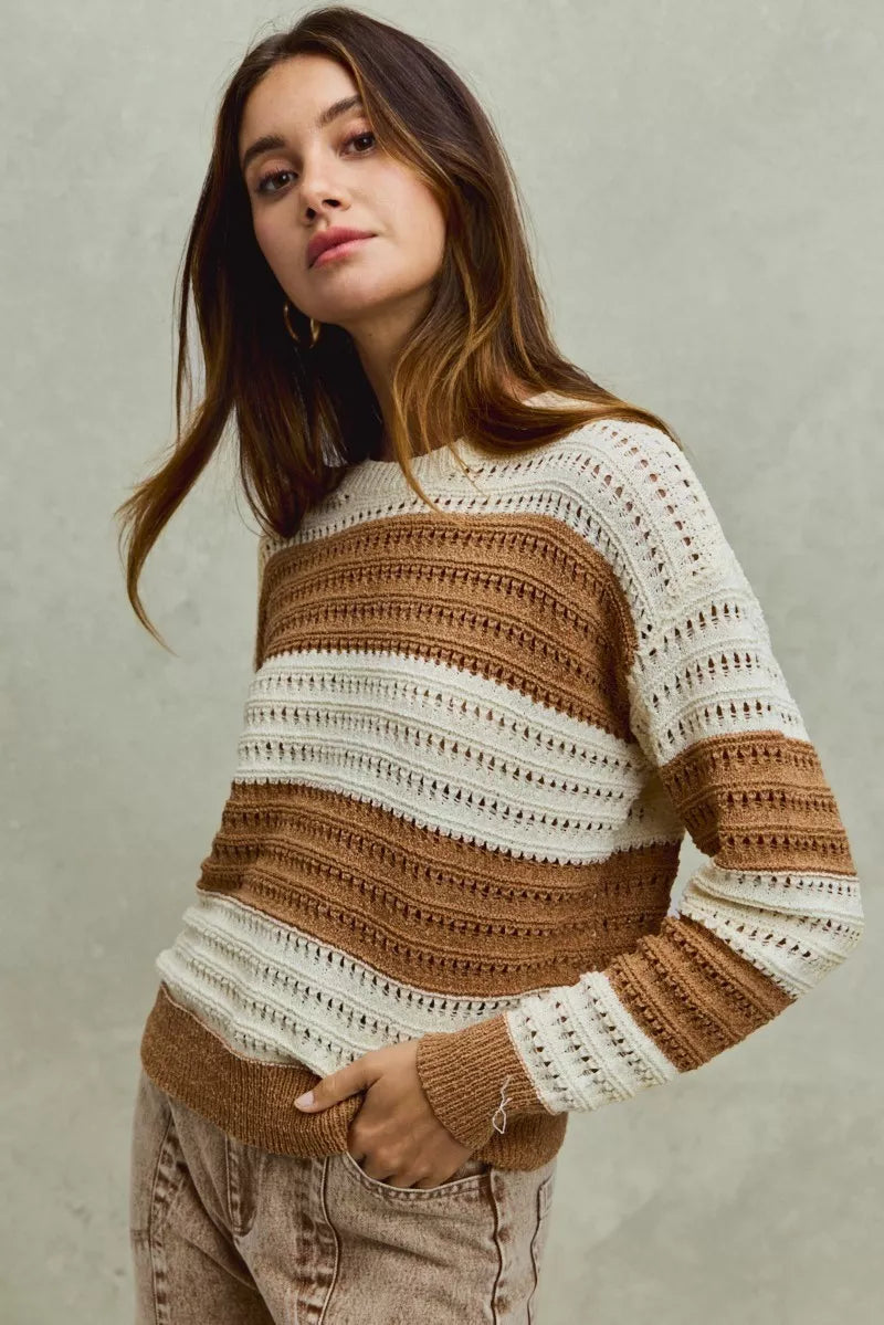 SO ME Women Sweater Openwork Textured Wide Stripe Cream Taupe Pullover 3aa61b1d644848b9950b5384d3ff785f-Max-Origin Trendsi