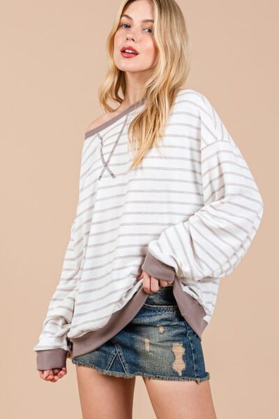 Ces Femme Striped Sweatshirt Drop Shoulder Taupe/Mocha 3aaf54f1-9e37-4560-bff2-de05c9f5cdf3-Min Trendsi